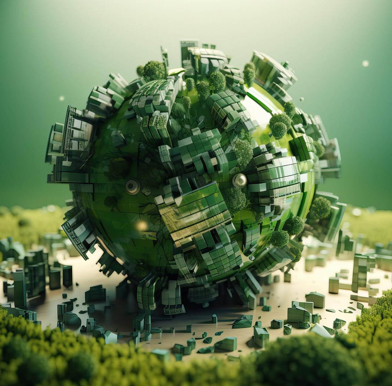 3d-knolling-sphere-futuristic-green-planet-earth-low-impact-living-ai-generated